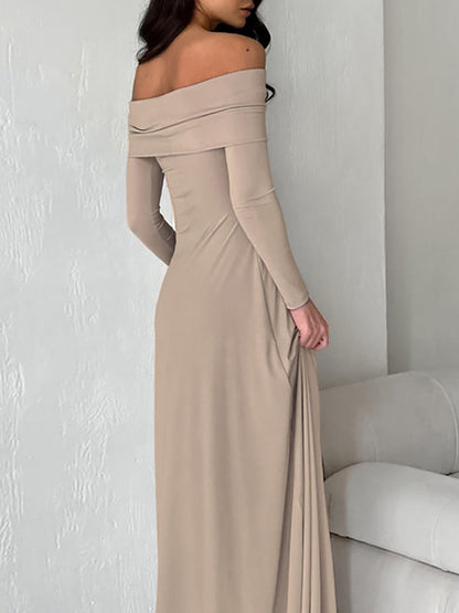 High Waisted Long Sleeves Color Off-the-shoulder Maxi Dresses