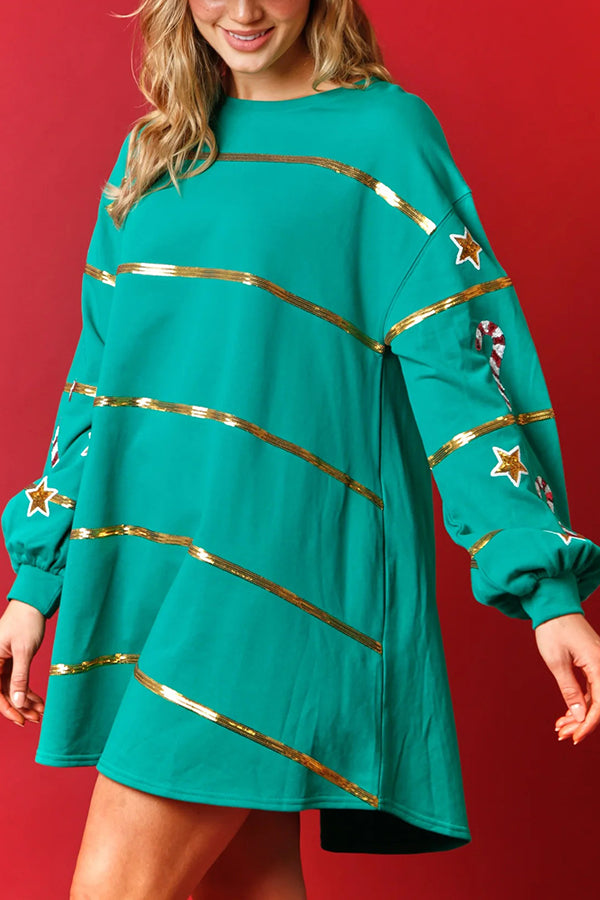 Christmas Candy Sequin Loose Long Sleeve Mini Dress