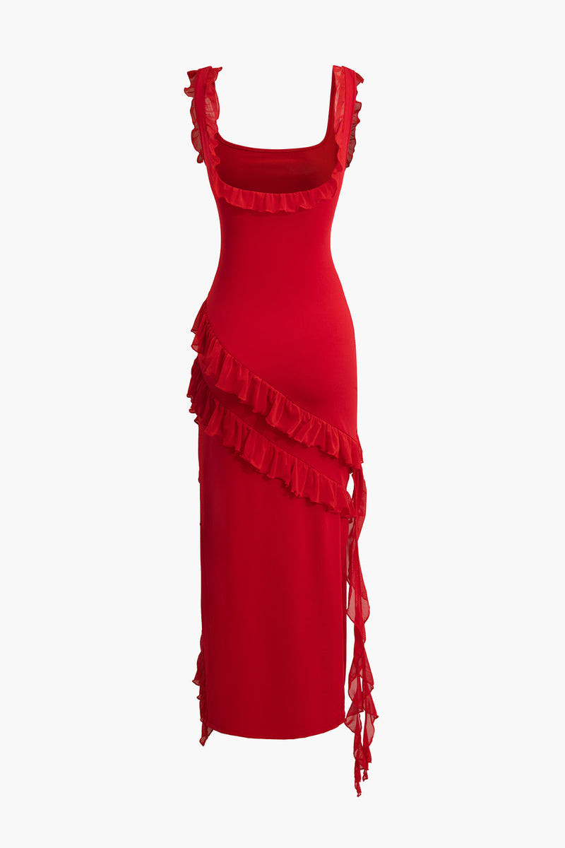 Color Ruffle Trim Slit Sleeveless Maxi Dress