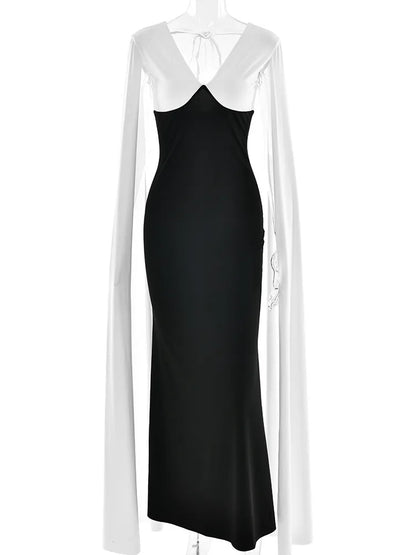 Patchwork Sleeveless Ribbon Bodycon Party Evening Dress Winter V-neck Tight Long Dress Vestido