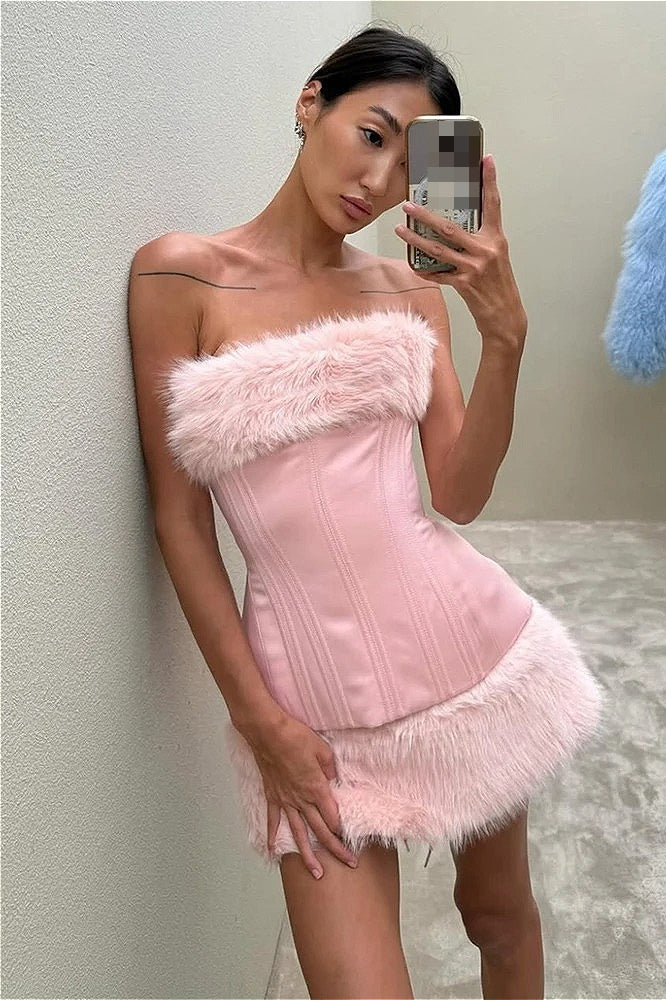 Fuzzy Paneled Tie Waist Mini Dress