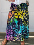Women's Watercolor Flower Art Print Linen Pocket Skirt