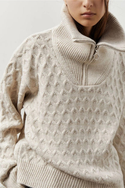 Chunky Knit High Neck Zip Up Sweater