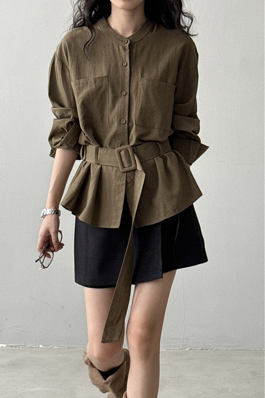 Waist Cinched Belted Long Sleeve Blouse