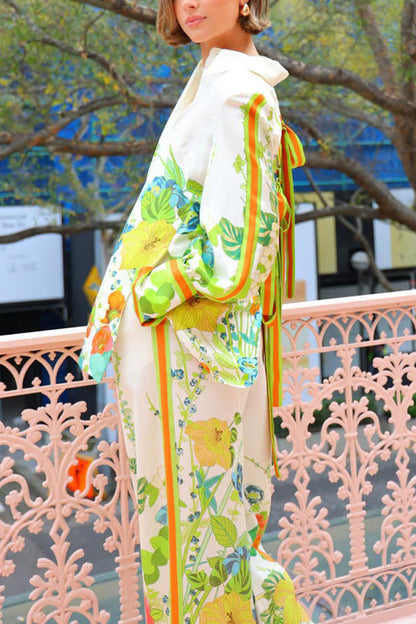 Antibes Satin Print Back Tie-up Button Down Oversized Blouse