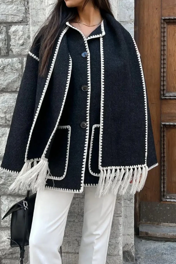 Scarf-neckline Felt Woolen Coat
