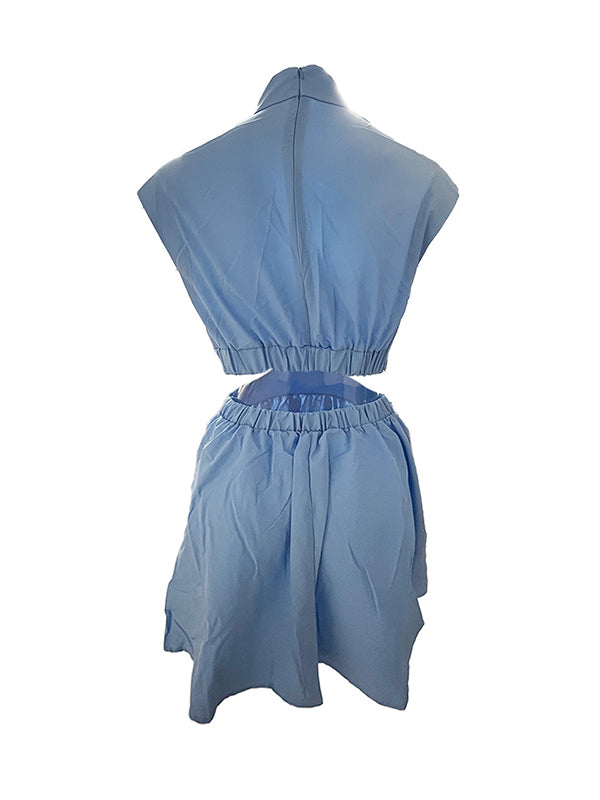 Skinny Belly-hollow Pleated Color Stand Collar Mini Dresses