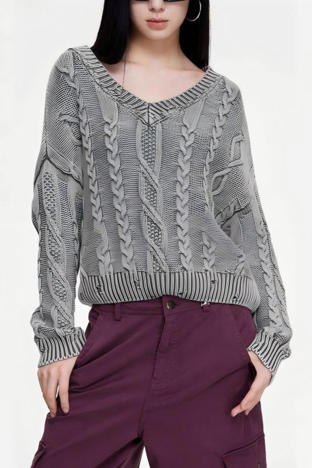V-neck Long Sleeve Cable Knit Sweater
