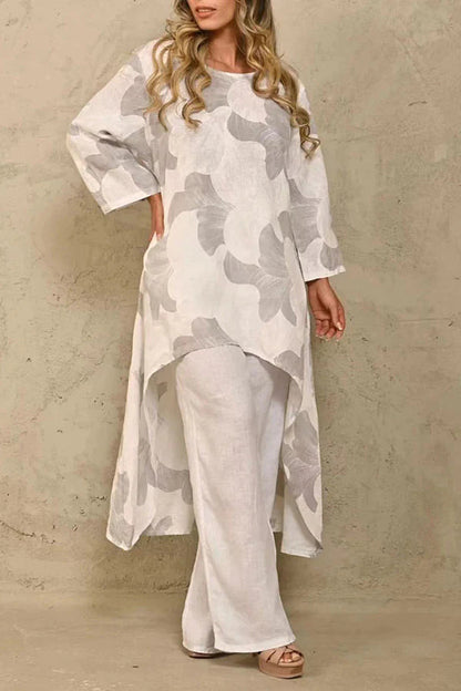 Exquisite Print Crew Neck Paneled Pant Suit