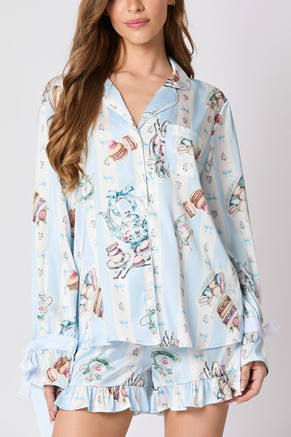Christmas Printed Bow Tie Top and Elastic Waist Ruffle Shorts Set