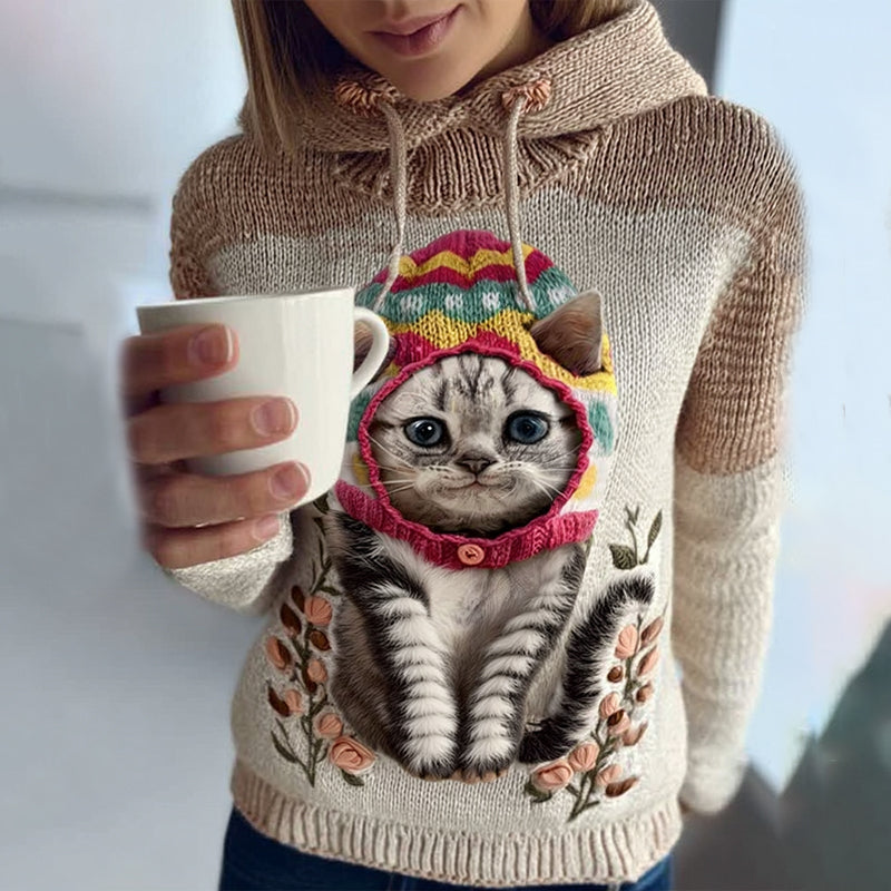 Women's Cute Winter Strawberry Cat Art Knitted Warm Sweater elevenforest