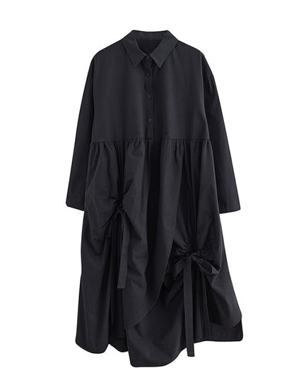 A-line Long Sleeves Buttoned Pleated Pockets Color Tied Lapel Midi Dresses Shirt Dress
