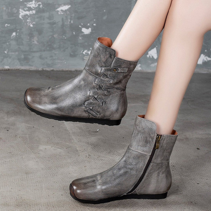 Cozy Side Zippers Leather Flats Martin Boots