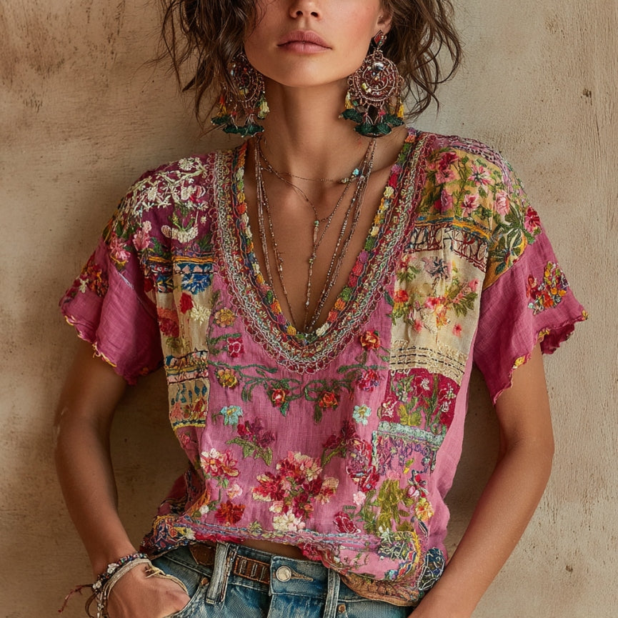 Women's Bohemian Floral Embroidery Art V-neck Linen Blend T-shirt elevenforest
