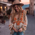 Women's Orange Rose Embroidery Casual V-neck Shirt elevenforest