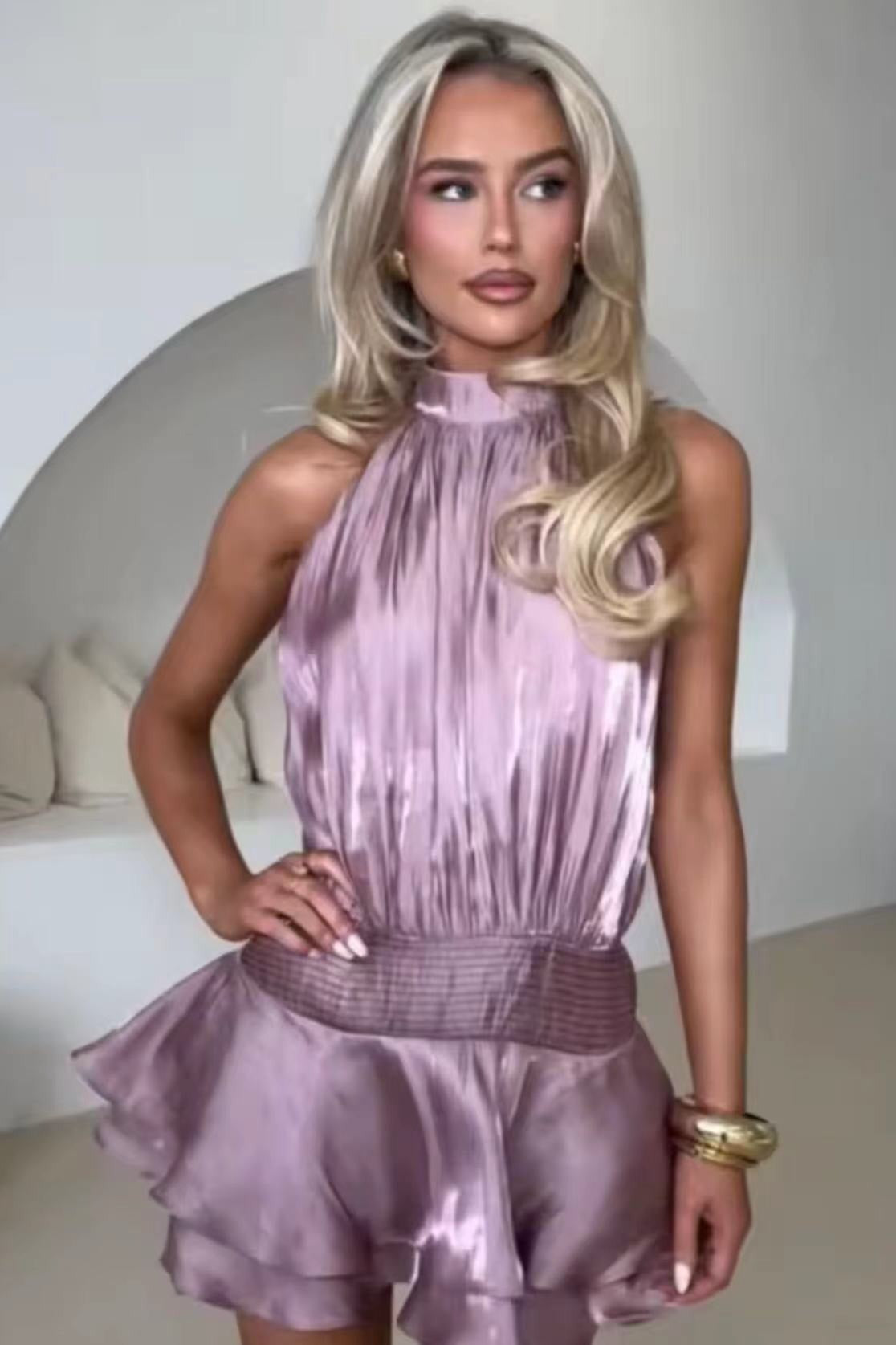 Halter Satin Jacquard Stripe Mini Dress