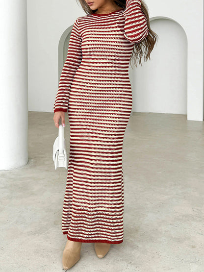 High Waisted Long Sleeves Contrast Color Striped Tied Round-neck Midi Dresses Sweater Dresses