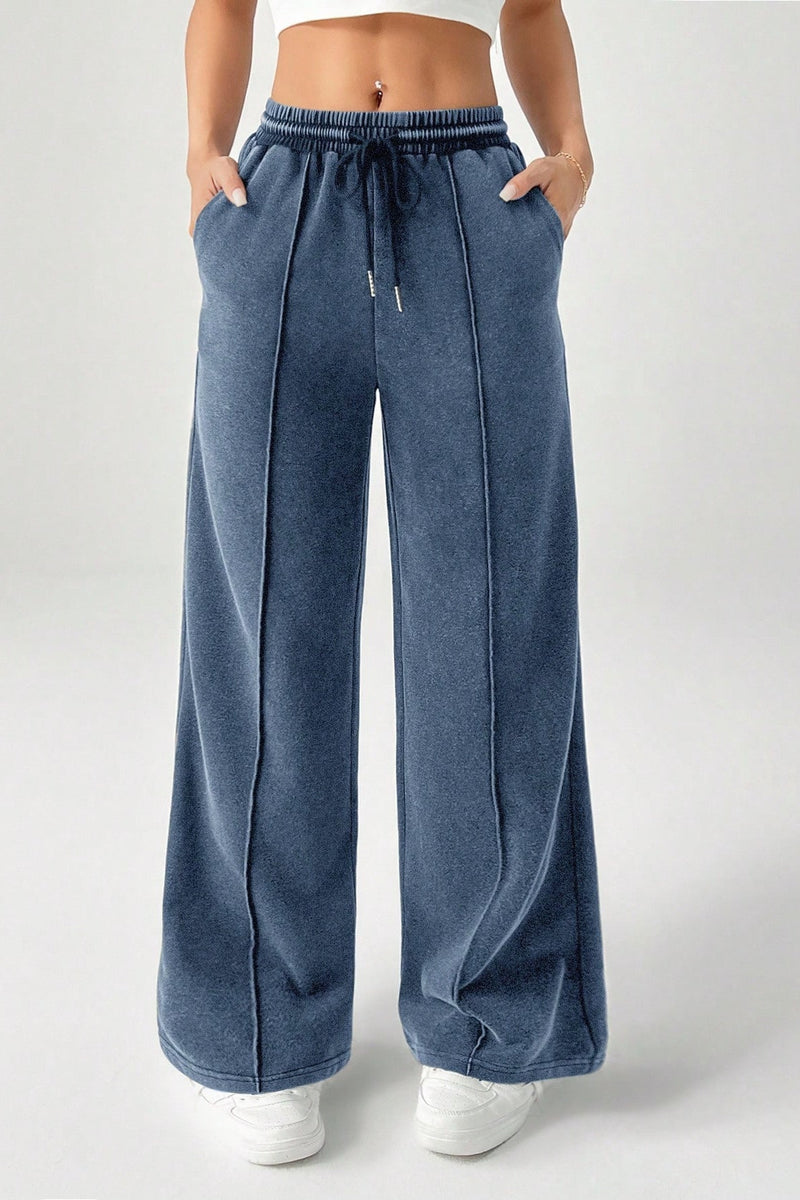 Color Drawstring Waist Wide Leg Sweat Pants