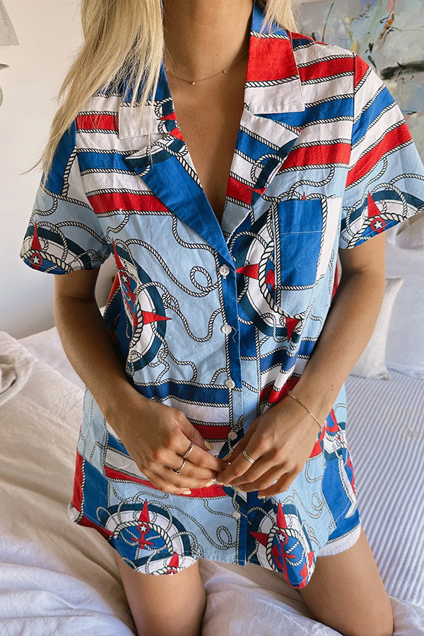 Summer Adventures Unique Print Pocket Loose Shirt and Elastic Waist Shorts Pj / Vacay Set