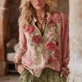 Women's Vintage Floral Linen Long Sleeve T-shirt elevenforest
