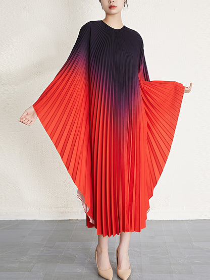 Batwing Sleeves Loose Gradient Pleated Round-neck Midi Dresses