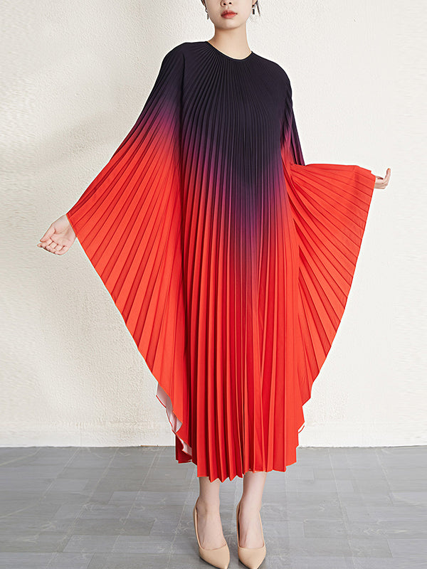 Batwing Sleeves Loose Gradient Pleated Round-neck Midi Dresses