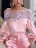 Women's Fashion Shirt with Mesh Embroidered long sleeve Top