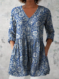 Women's Retro Floral Art Print Casual Cotton And Linen V-neck Top