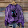 Comstylish Halloween Blue-eyed Cat Purple Dirty Round Neck Sweater