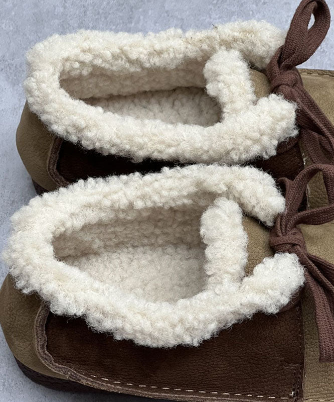 Coffee Flat Shoes for Lace Up Fuzzy Wool Lined Flat Shoes for