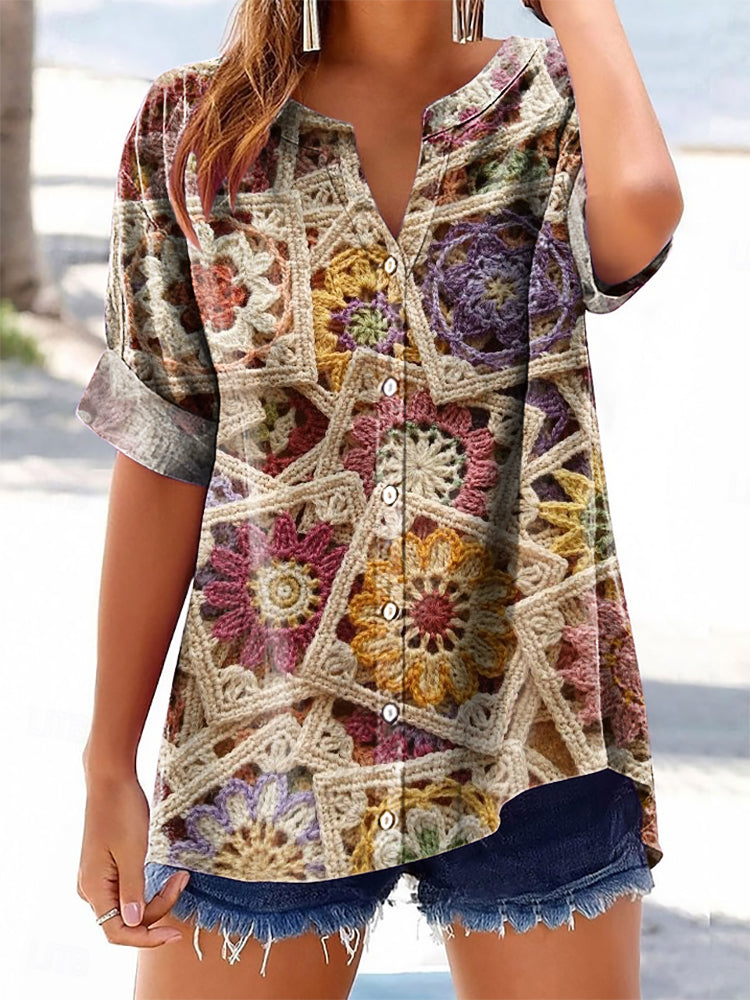 Women's Bohemian Floral Art Print Casual Cotton And Linen Shirt
