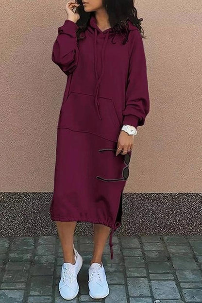 Color Hooded Lace-up Pocket Sweatshirt Style Midi Dress