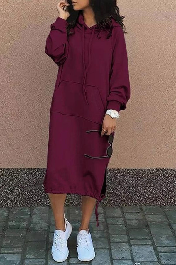 Color Hooded Lace-up Pocket Sweatshirt Style Midi Dress