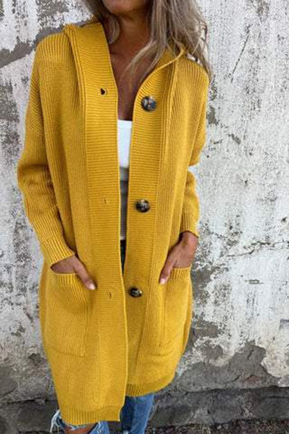 Color Hooded Pocket Mid-length Knitted Cardigan