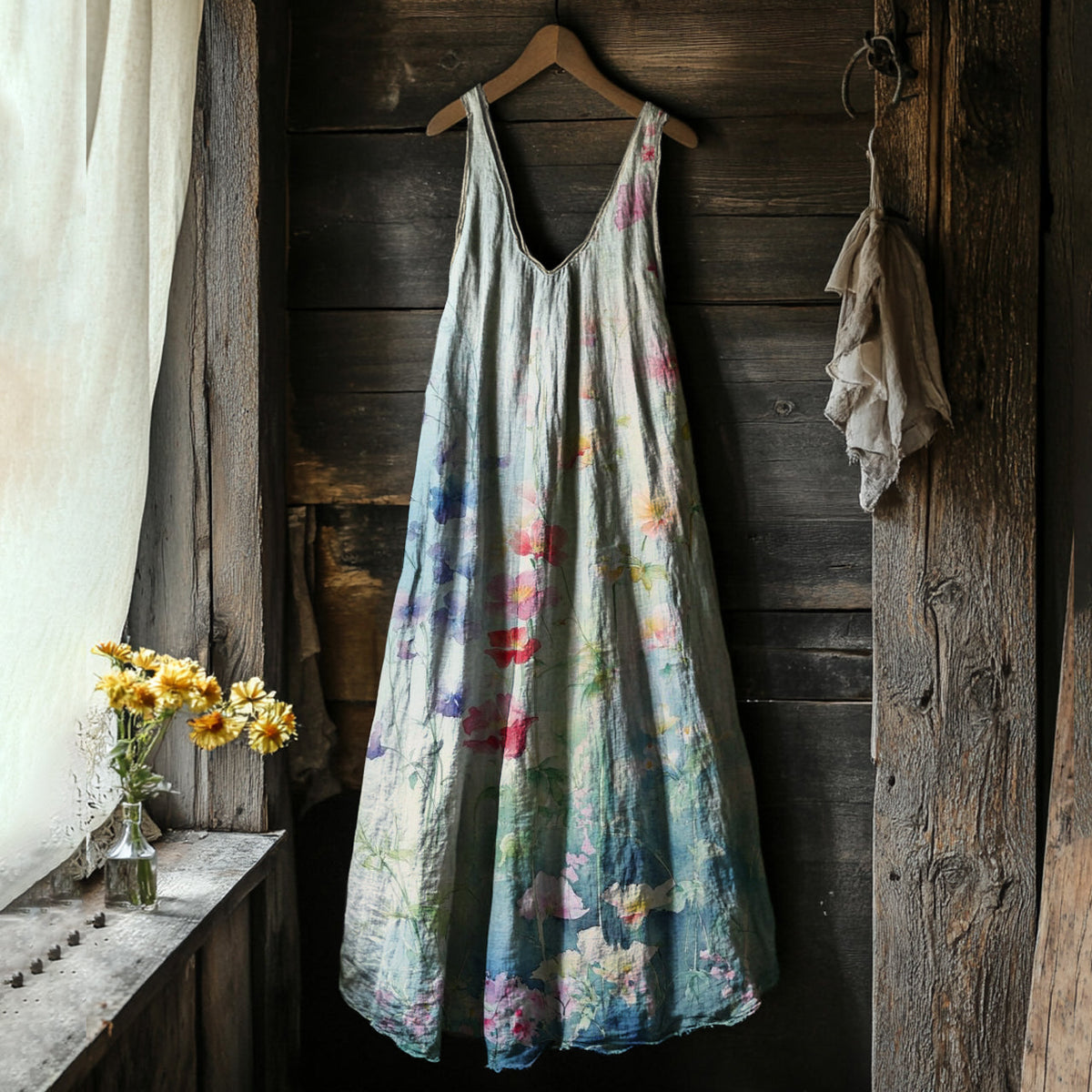 Vintage Floral Painting Art Linen Comfy Tank Dress elevenforest
