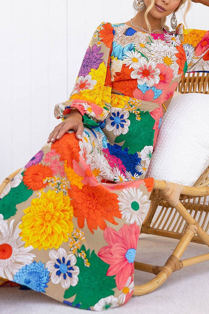 Bloom Forever Print Cutout Elastic Waist Maxi Dress
