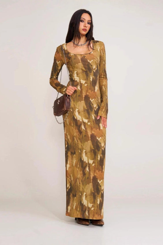 Color Square Neck Bodycon Maxi Dress