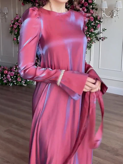 A-line Long Sleeves Pleated Color Tied Waist Zipper Round-neck Maxi Dresses