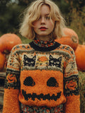 Vintage Halloween Cats & Pumpkin Face Isle Pattern Cozy Knit Sweater elevenforest