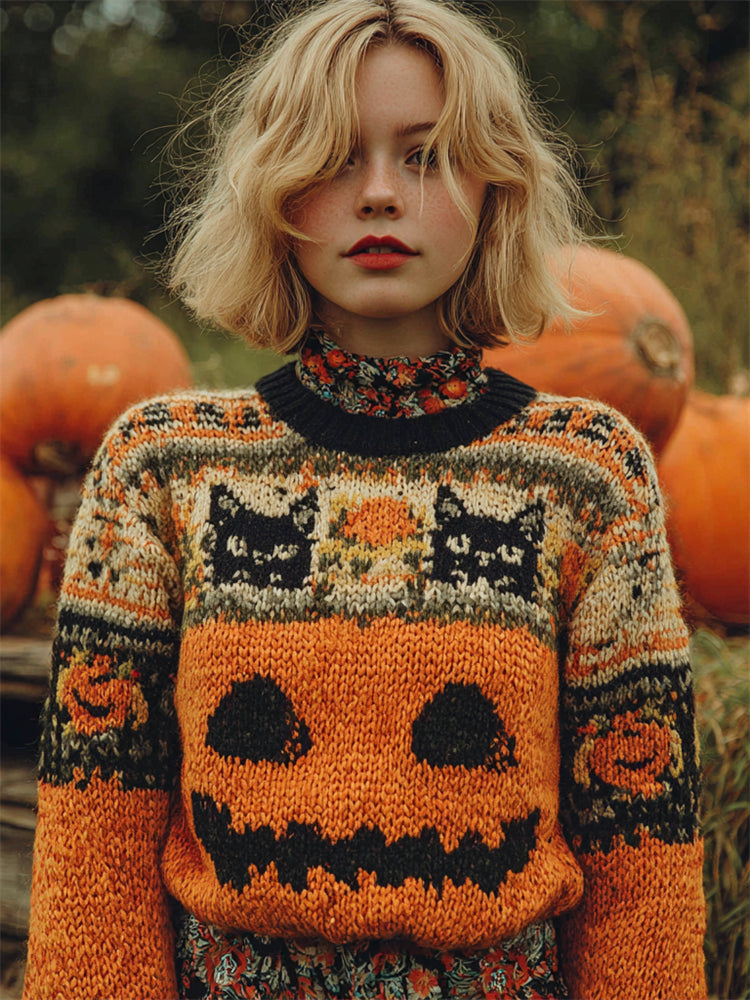 Vintage Halloween Cats & Pumpkin Face Isle Pattern Cozy Knit Sweater elevenforest