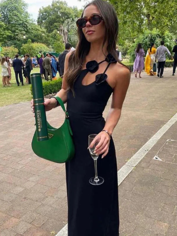 Sleeveless Irregular Bodycon Evening Dress Fall New Flower Ornament Shoulder Vestido Long Dress