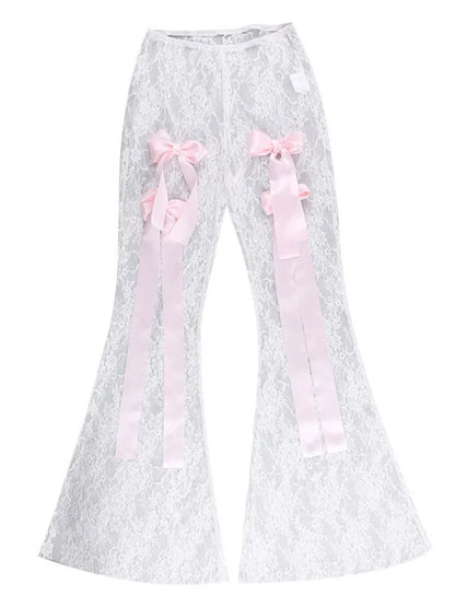Bow Lace See-through Printed High Waist Mesh ’s Pants