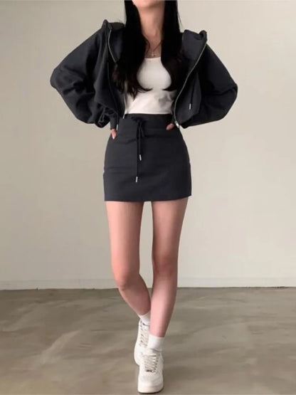 Korean 2 Piece Set Hooded Zip-up Long Sleeve Cropped Coat + Drawstring Mini Skirt Autumn Spring Outfits