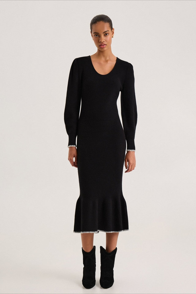 Contrast Trim Ruffle Sweater Dress