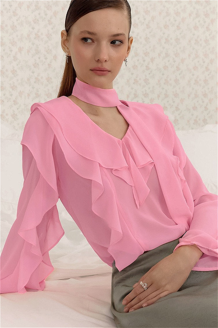 Chiffon Ruffled Tie Blouse