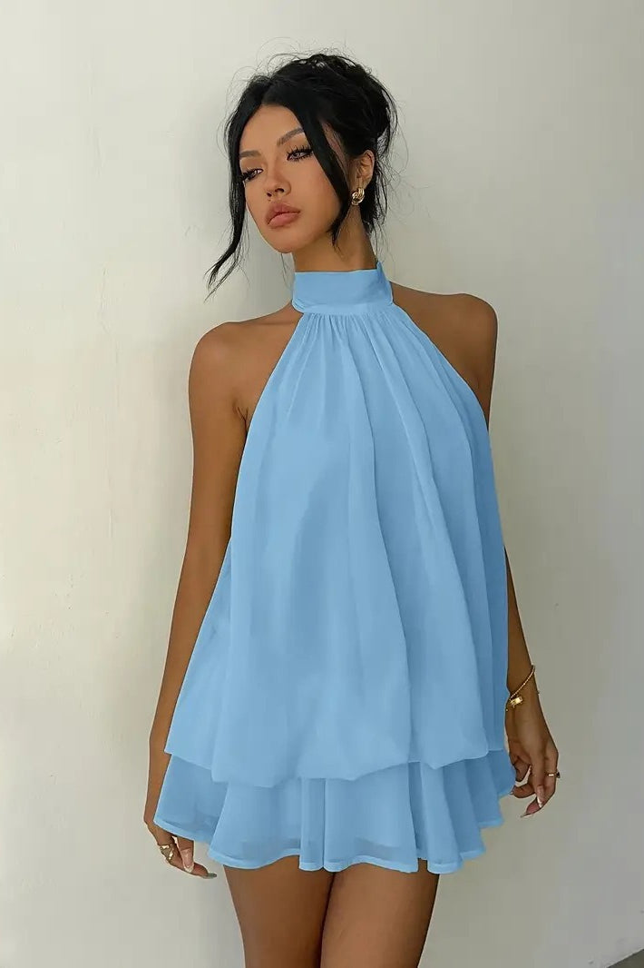 Backless Halter Tie Waist Slim Fit Ruffled Mini Dress