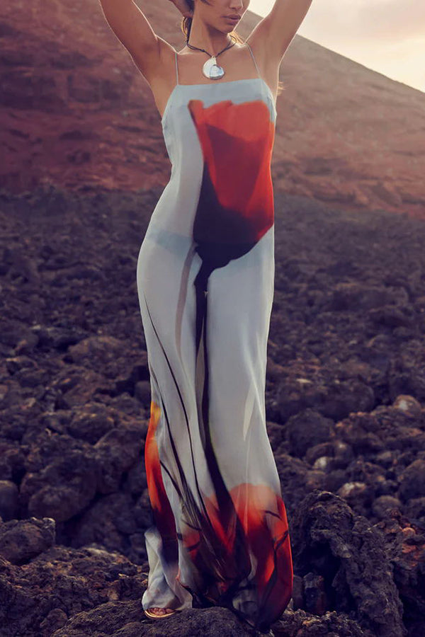 Passionate Wine Glass Flower Abstract Tulip Print H-shaped Long Dress