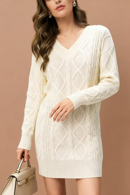 V-neck Cable Knit Sweater Dress