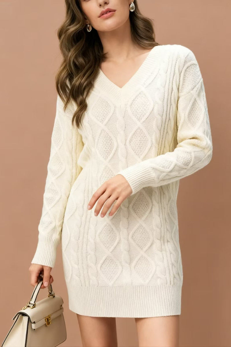 V-neck Cable Knit Sweater Dress