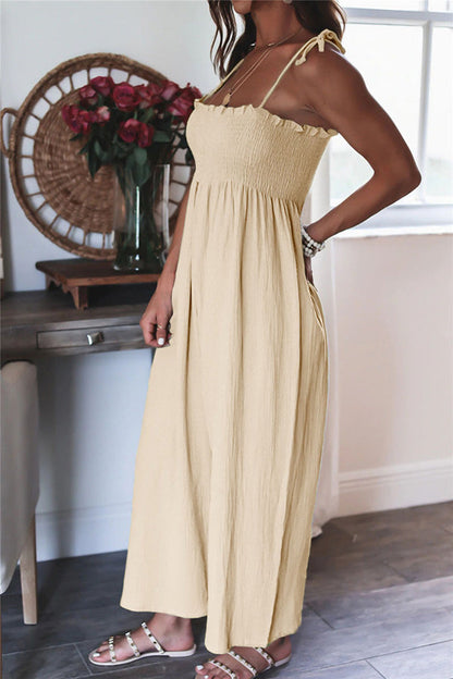 Color High Waist Linen Blend Suspender Pleated Jumpsuit